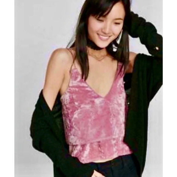 Express One Eleven Size XS Tank - Pink Velour Tiered Crop Spaghetti Straps - Picture 2 of 10